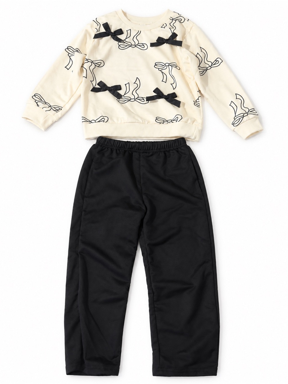 Girls Cream and Black Bow Two-Piece Pajama Set